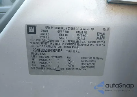 2015 Chevrolet Equinox 1Lt from USA, damaged, VIN 2GNFLBE37F6286002